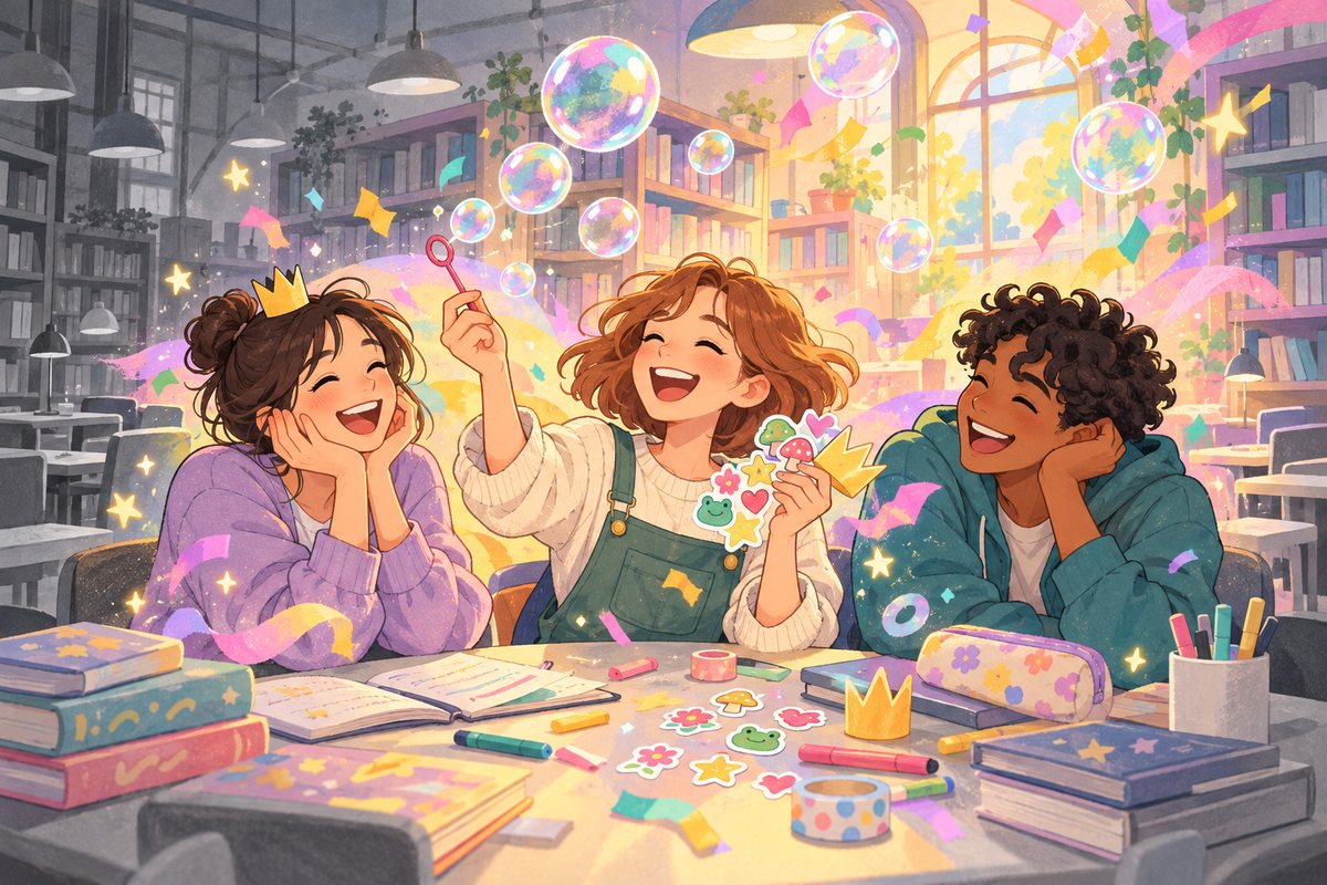 More whimsy, pleaseのイメージ。灰色の図書室でシャボン玉と紙の王冠を取り出した友だちに、2人が大笑いし、まわりがパステルカラーに変わっていく