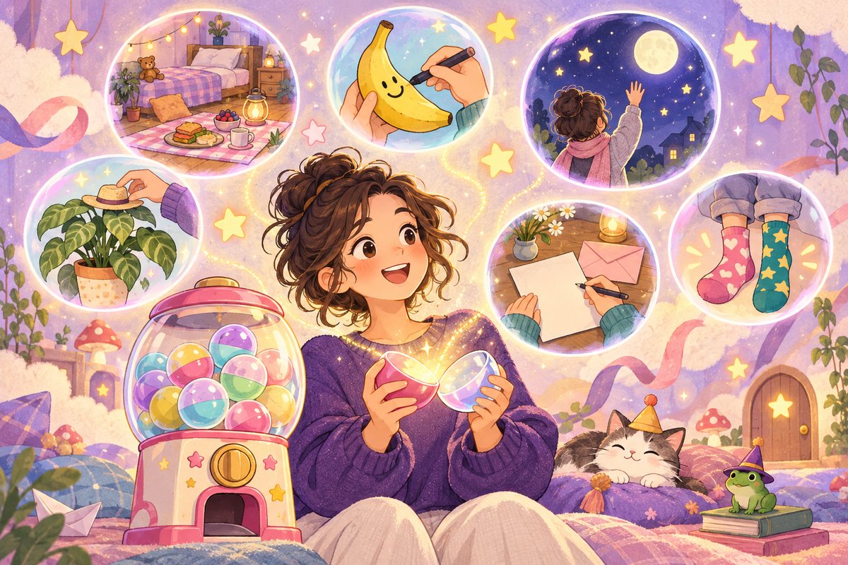 whimsyミッション・ガチャのイメージ。カプセルを開けた若者のまわりに、床でピクニック、バナナに顔を描く、月に手をふるなど小さな遊び心の絵が浮かぶ
