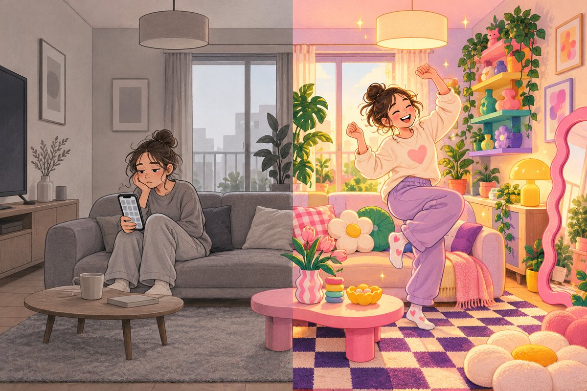 millennial grayとdopamine decorのイメージ。左半分はグレーで統一された部屋でスマホを見る退屈そうな人、右半分はピンクや黄色の小物で彩られた部屋で踊る同じ人