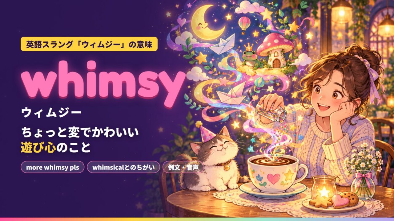 whimsy（ウィムジー）の意味を解説するイメージ。カフェでコーヒーにカラフルなスプリンクルをかける若者のまわりに、紙の船や月、帽子をかぶったカエルなど遊び心たっぷりの空想が舞い上がる