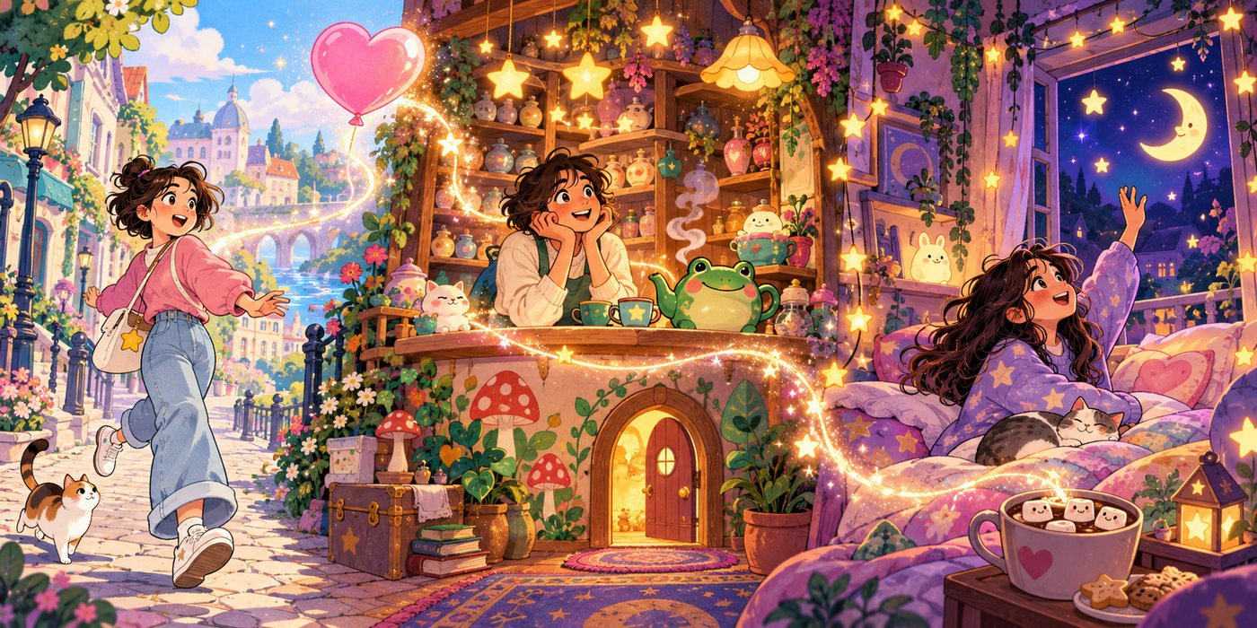 whimsyの3つの意味のイメージ。思いつきで風船を追いかける人、小さなドアやカエルのティーポットがある絵本のようなお店、窓から月に手をふる若者