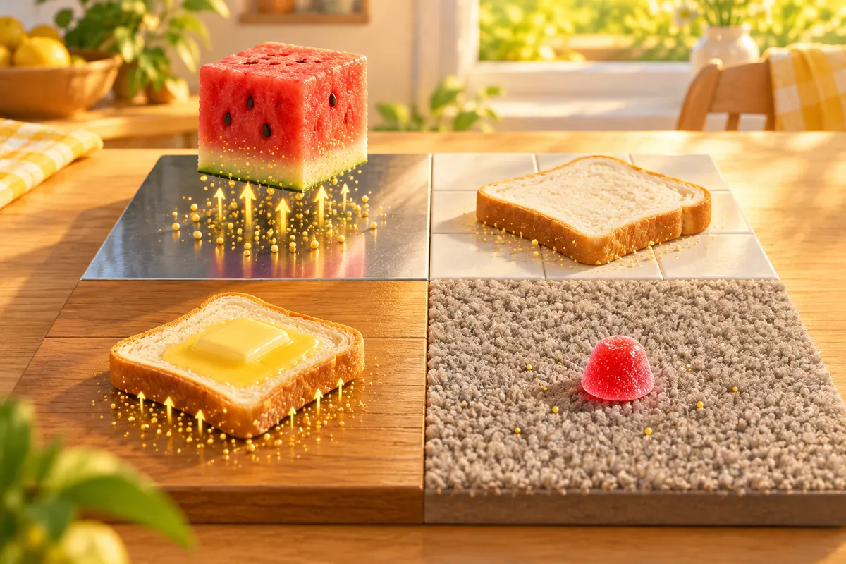 菌の移り方は、床と食べ物の組み合わせで大きく変わる。水分の多いスイカは、なめらかな床から一瞬で菌をもらってしまう