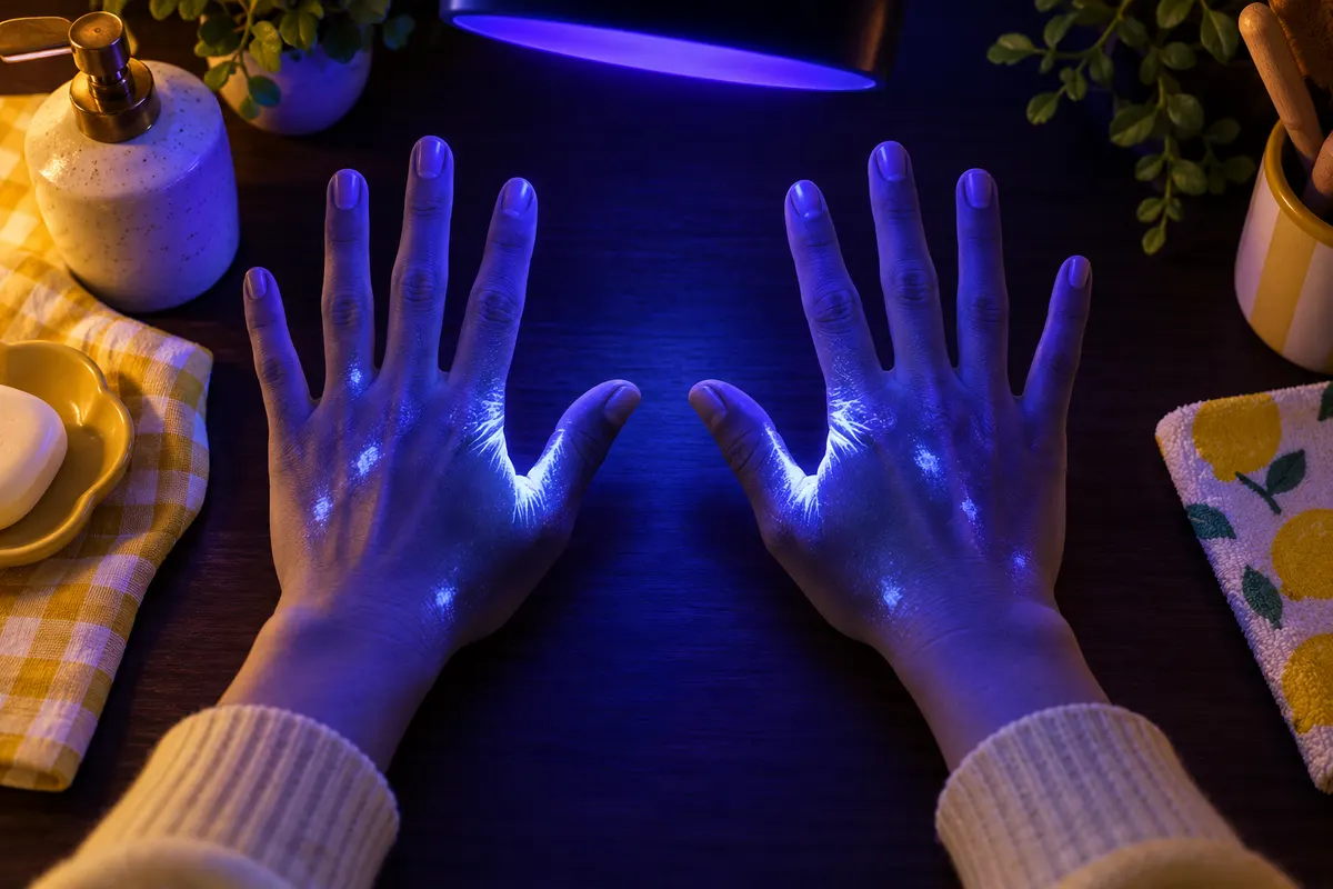 紫外線で光る液体を使うと、洗い残した所だけが光る。洗い残しは、親指のまわりと手の甲に多かった