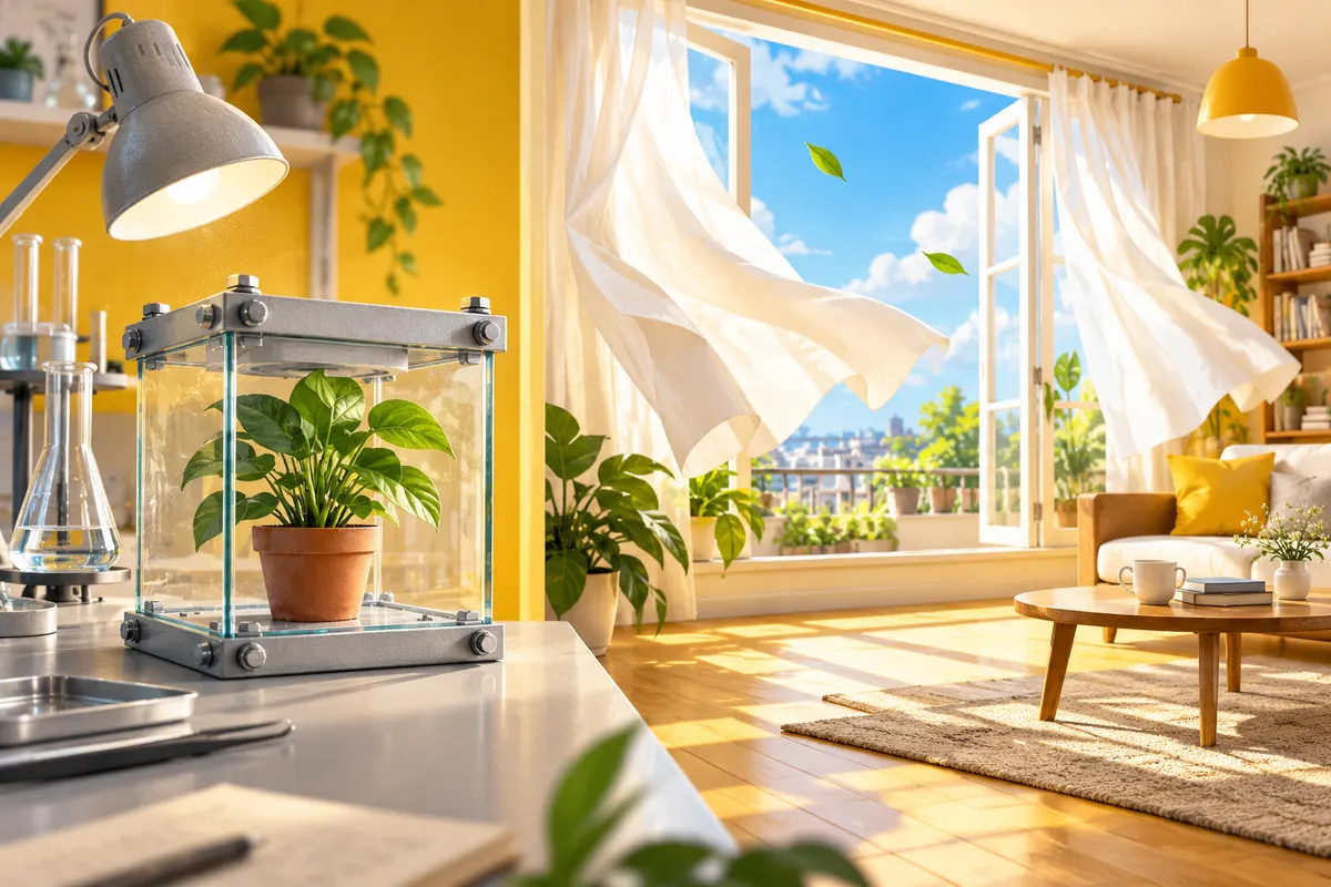 1989年の実験は、密閉した小さな箱の中だった(左)。ふつうの部屋は広く、外の空気とたえず入れかわっている(右)。