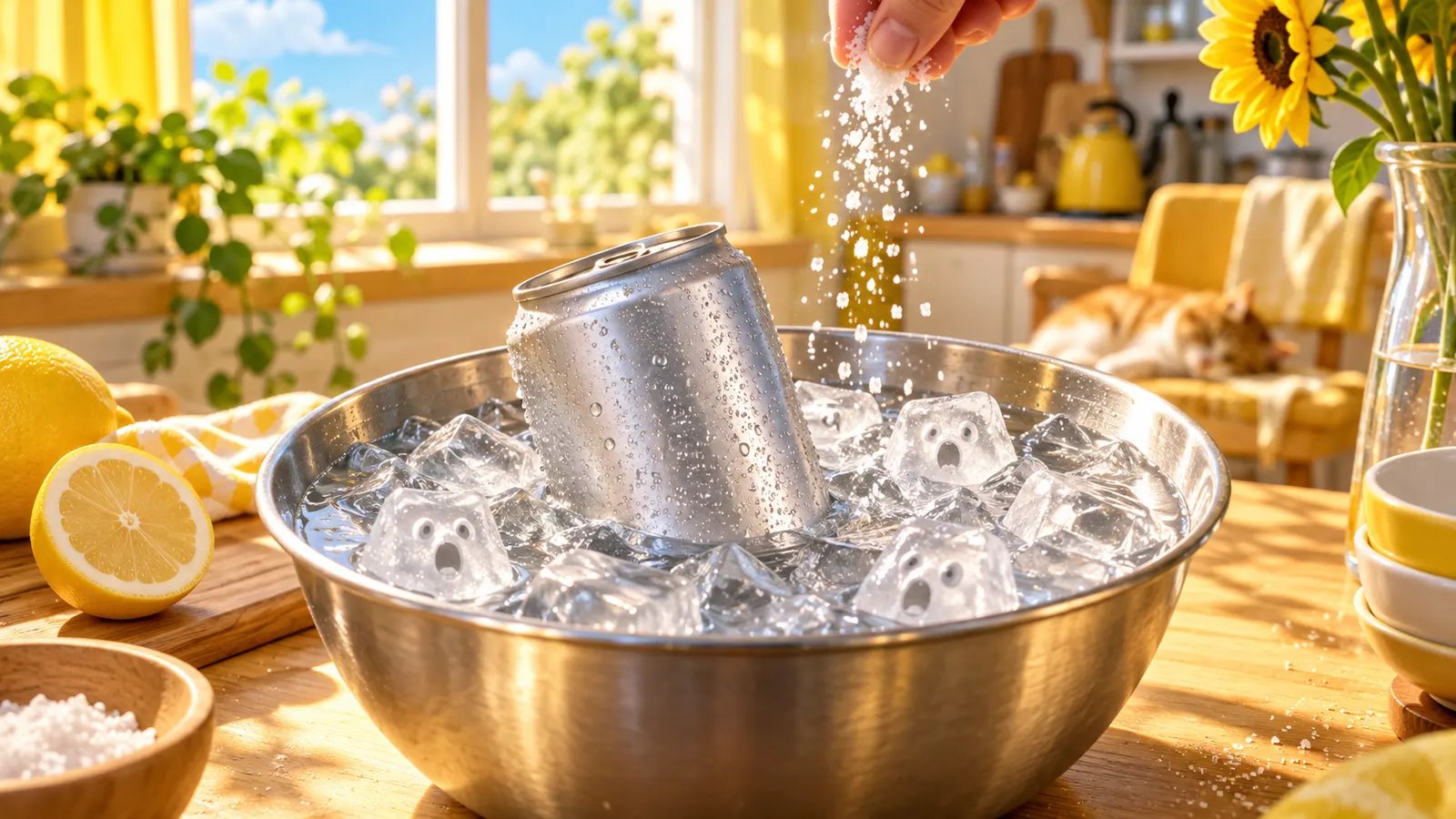 缶ジュースは、冷凍庫より塩を入れた氷水のほうが早く冷える