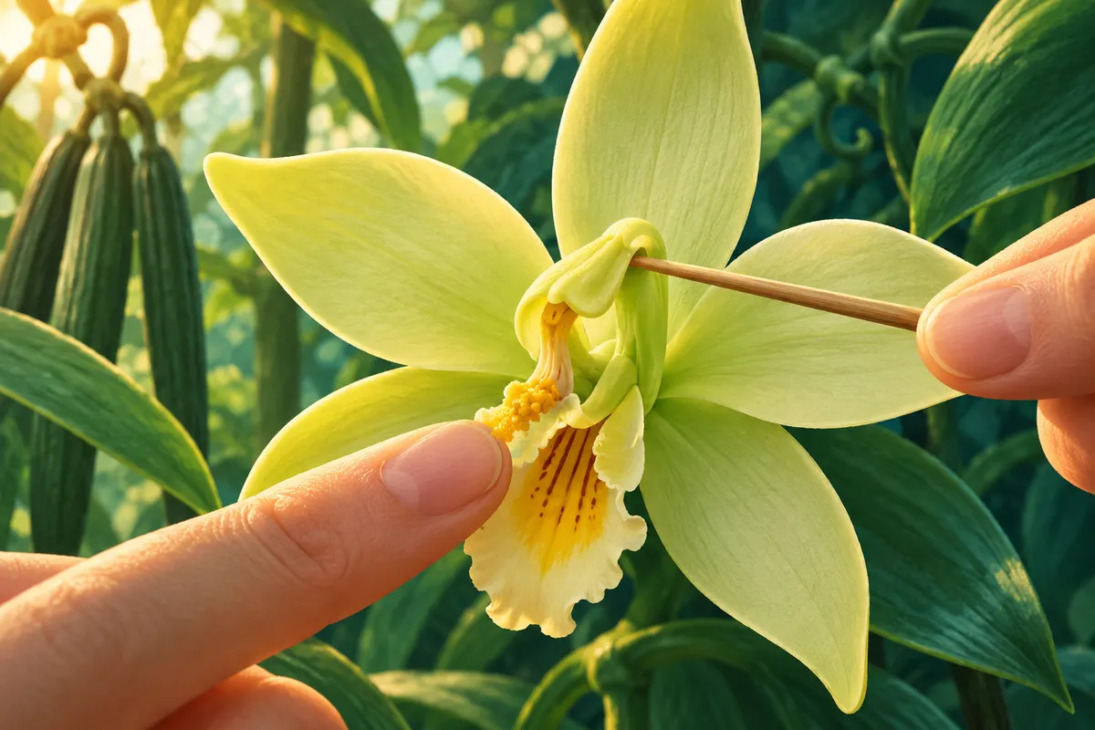 細い棒で花の中の薄いひさし(ロステラム)を持ち上げ、おしべをめしべに押しつけて受粉させる。
