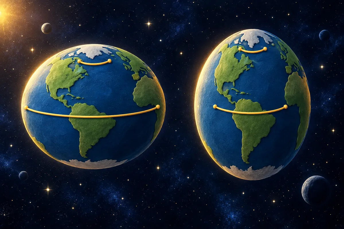 地球が横に太っていれば、北へ行くほど、緯度1度ぶんの地面は長くなる