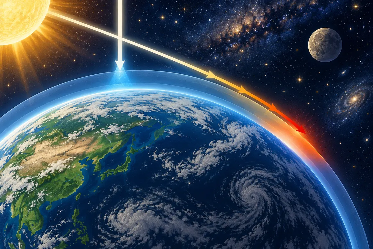地平線近くの太陽の光は、厚い空気を通るあいだに、青い光が散らされてしまう