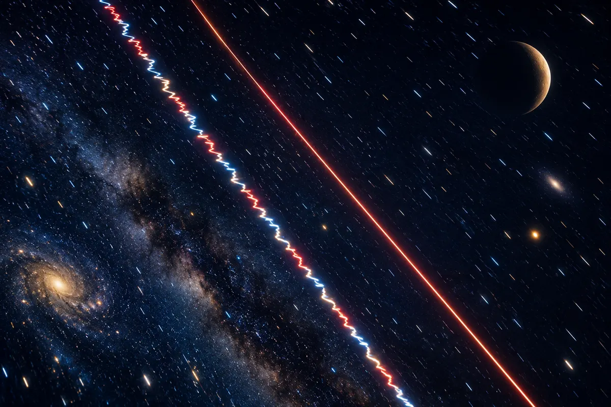 カメラを揺らしながら星と惑星を写したイメージ。星の光の跡は色や明るさが細かく変わり、惑星の光の跡はなめらかになる。