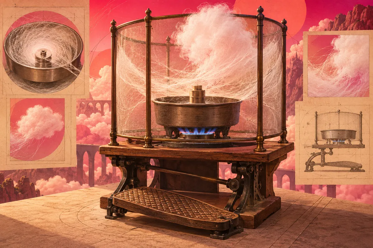 1897年に出願された特許の機械は、足でペダルを踏んで回し、炎で砂糖を溶かすしくみだった