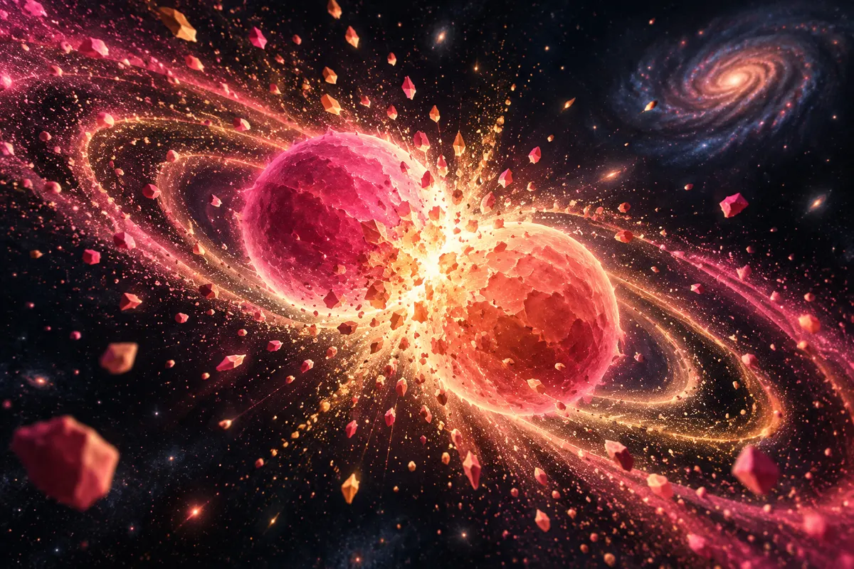 中性子星どうしの合体。飛び散ったかけらの中で、重い元素が作られる